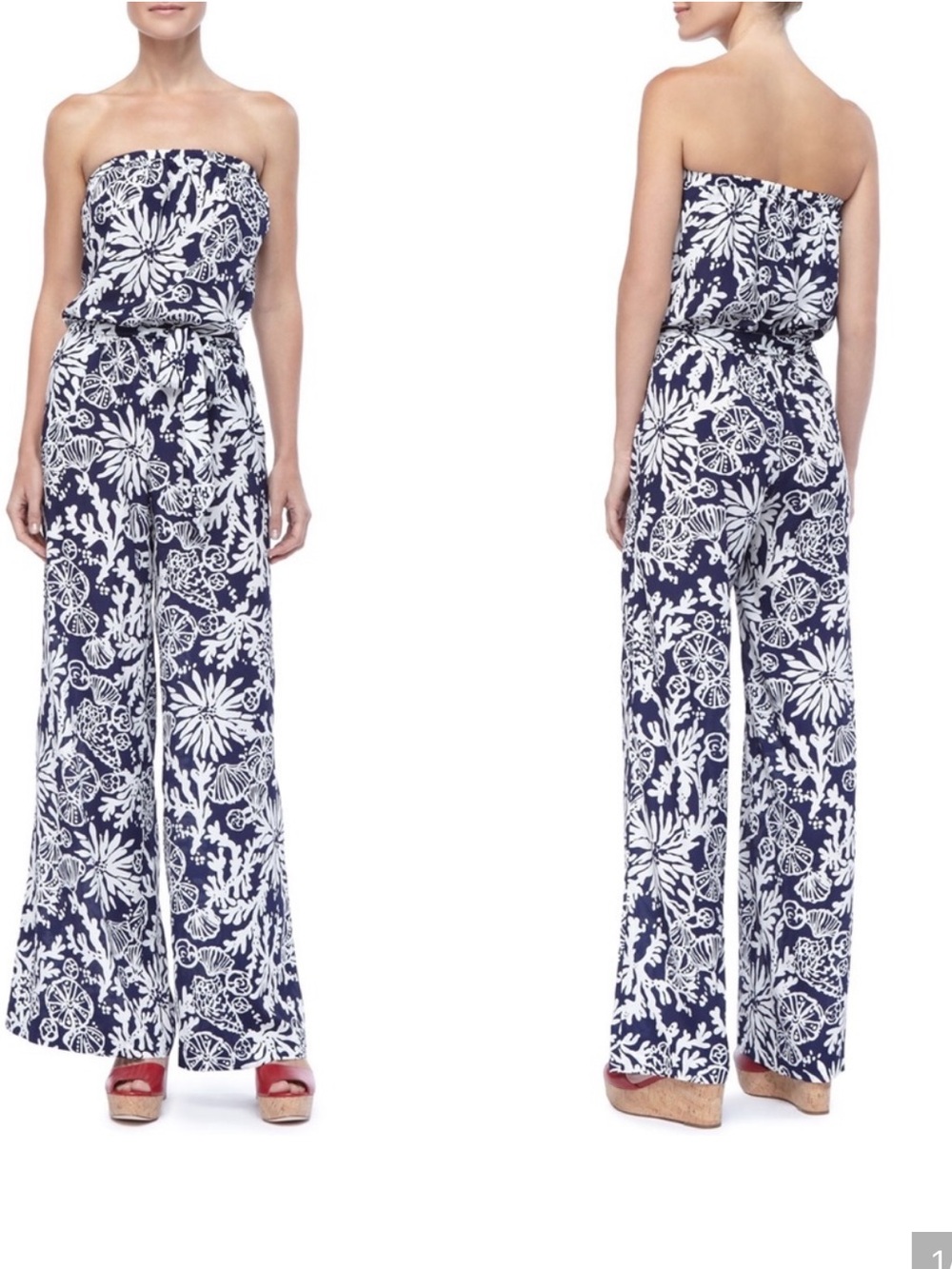 Lilly Pulitzer Strapless Floral Wide-Leg Jumpsuit — Navy & White
